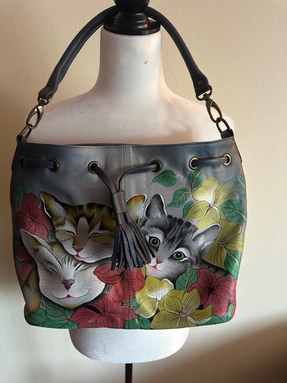 Anuschka Gray Hand-Painted Cat & Floral Leather Shoulder Bag